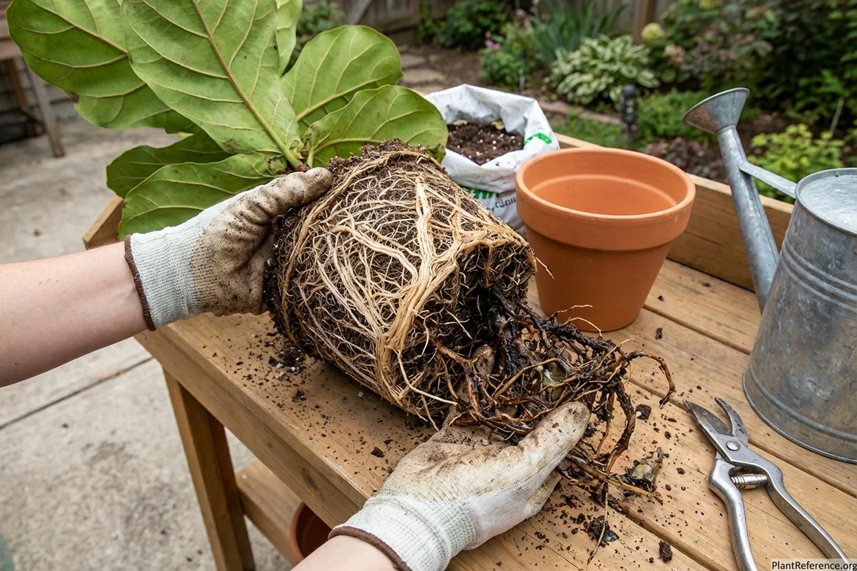 Comparison of healthy white fiddle leaf fig roots versus brown rotted roots during repotting