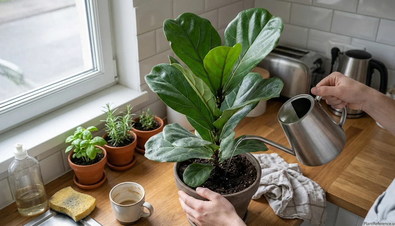 Person watering fiddle leaf fig with proper technique showing water flowing into soil