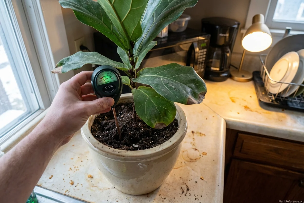 XLUX moisture meter inserted deep in fiddle leaf fig soil showing dry reading