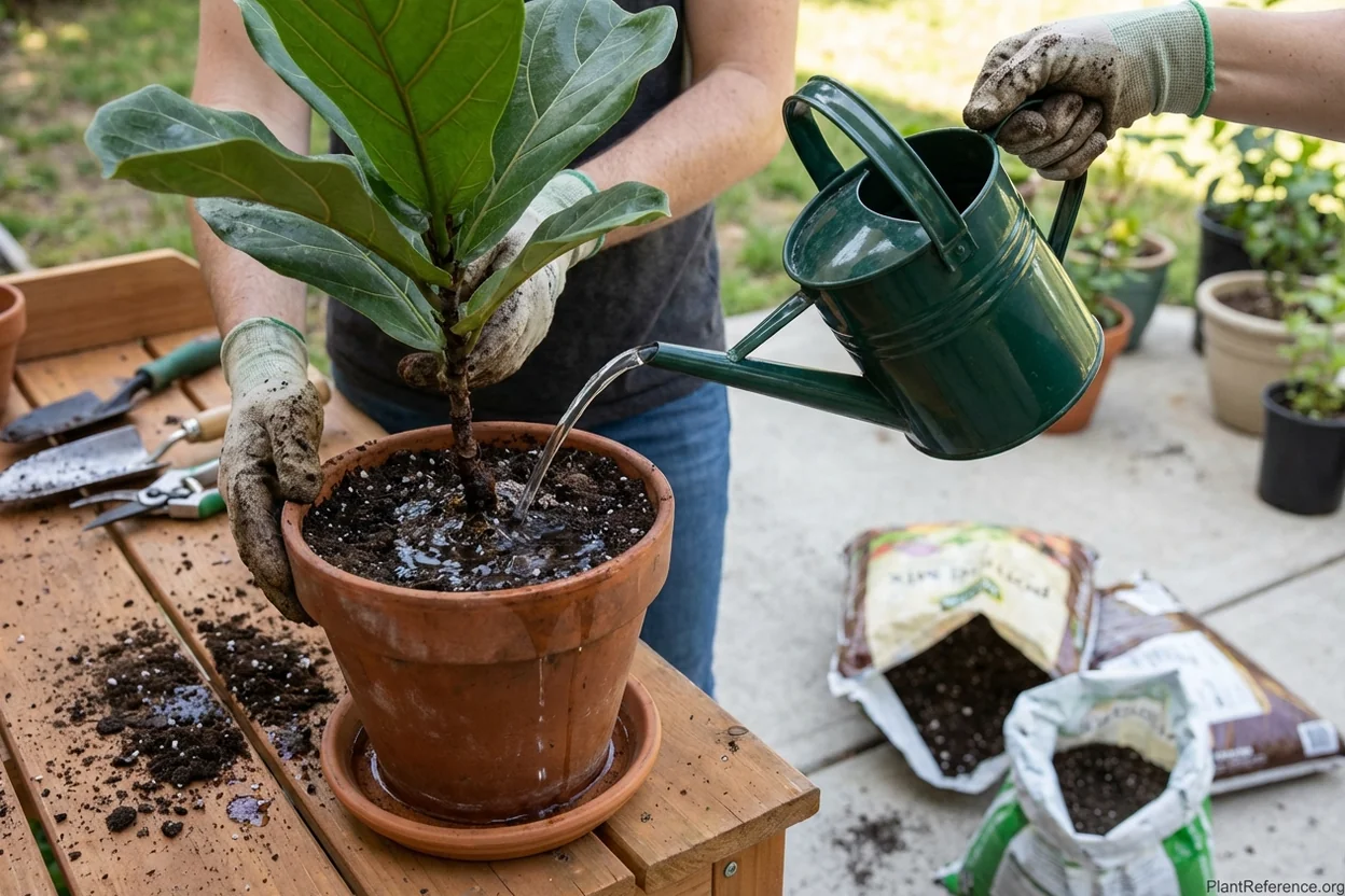 Watering can applying water to fiddle leaf fig soil with drainage water visible in saucer