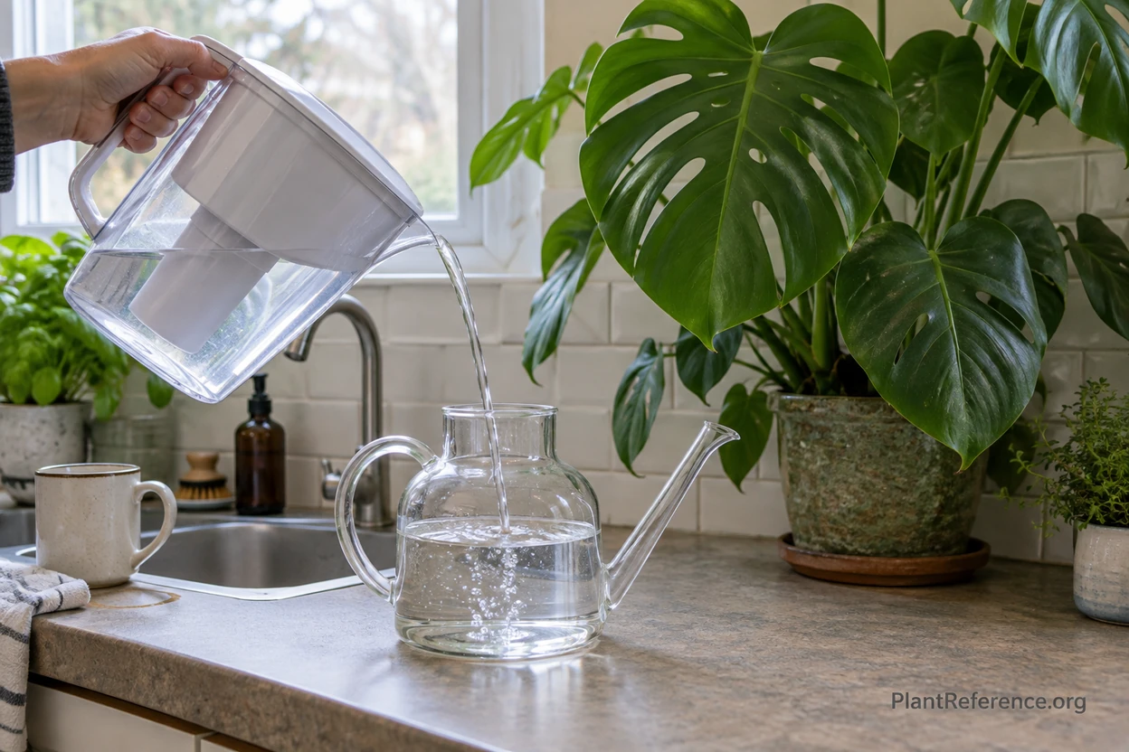 Glass watering can filled with filtered water for monstera plant showing proper water preparation
