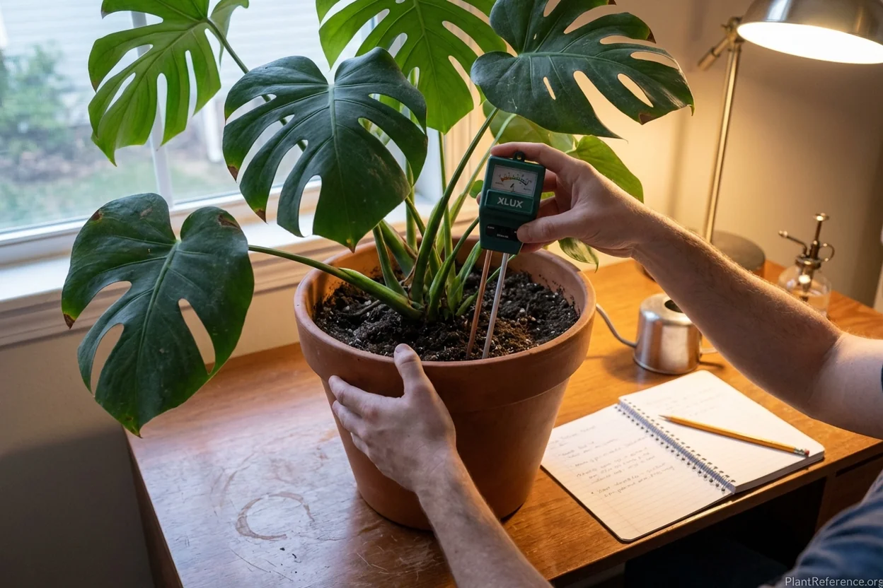 Soil moisture meter testing monstera at different depths showing moisture gradient in potting soil
