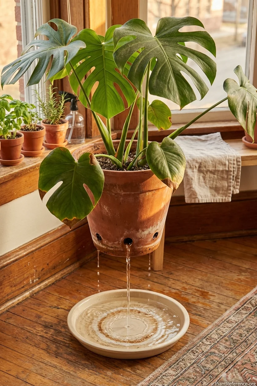 Proper monstera watering technique showing water draining from pot holes into ceramic saucer