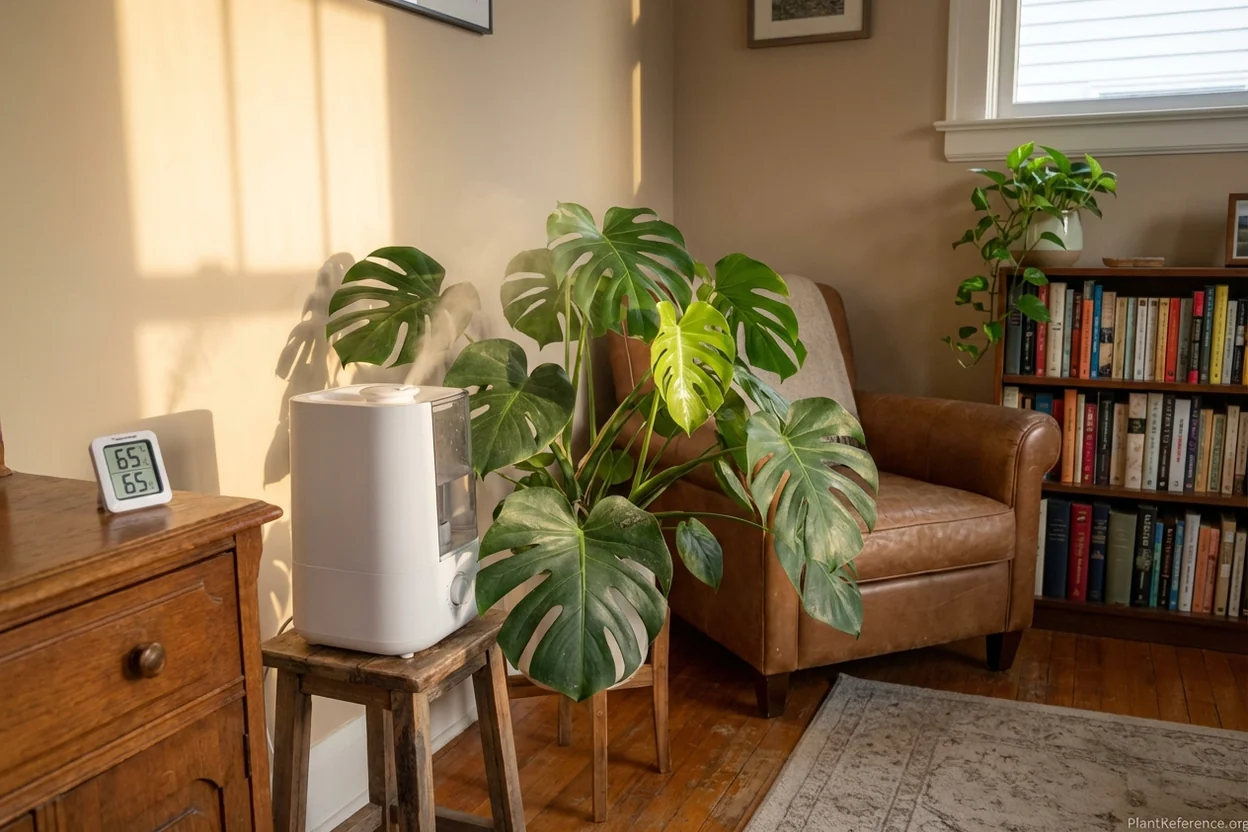 Digital humidifier and humidity meter beside monstera plant showing optimal 65% humidity level