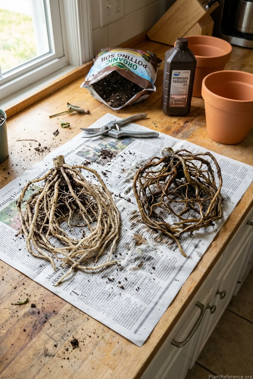 Comparison of healthy white monstera roots versus brown rotted roots from overwatering damage