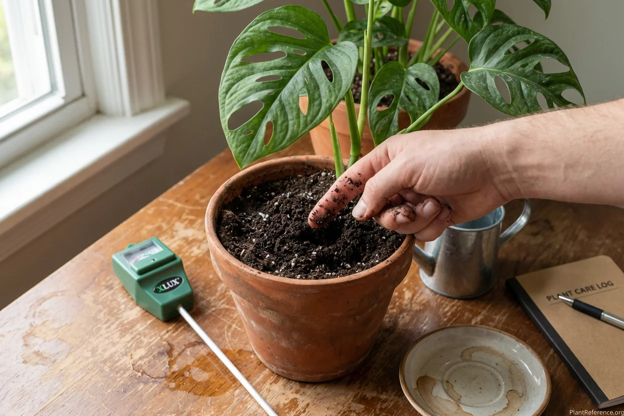 Finger testing soil moisture depth in monstera pot showing proper technique with moisture meter