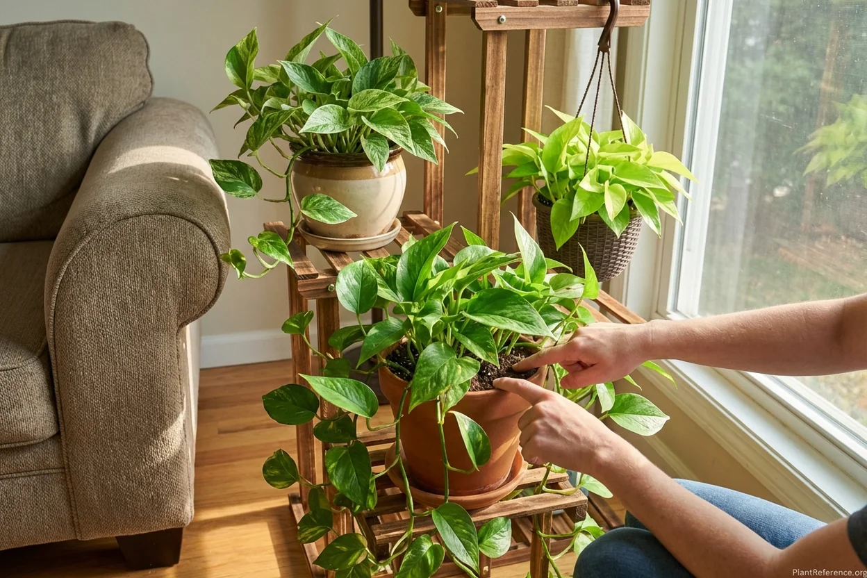Person checking soil moisture on different pothos plants showing individual care needs