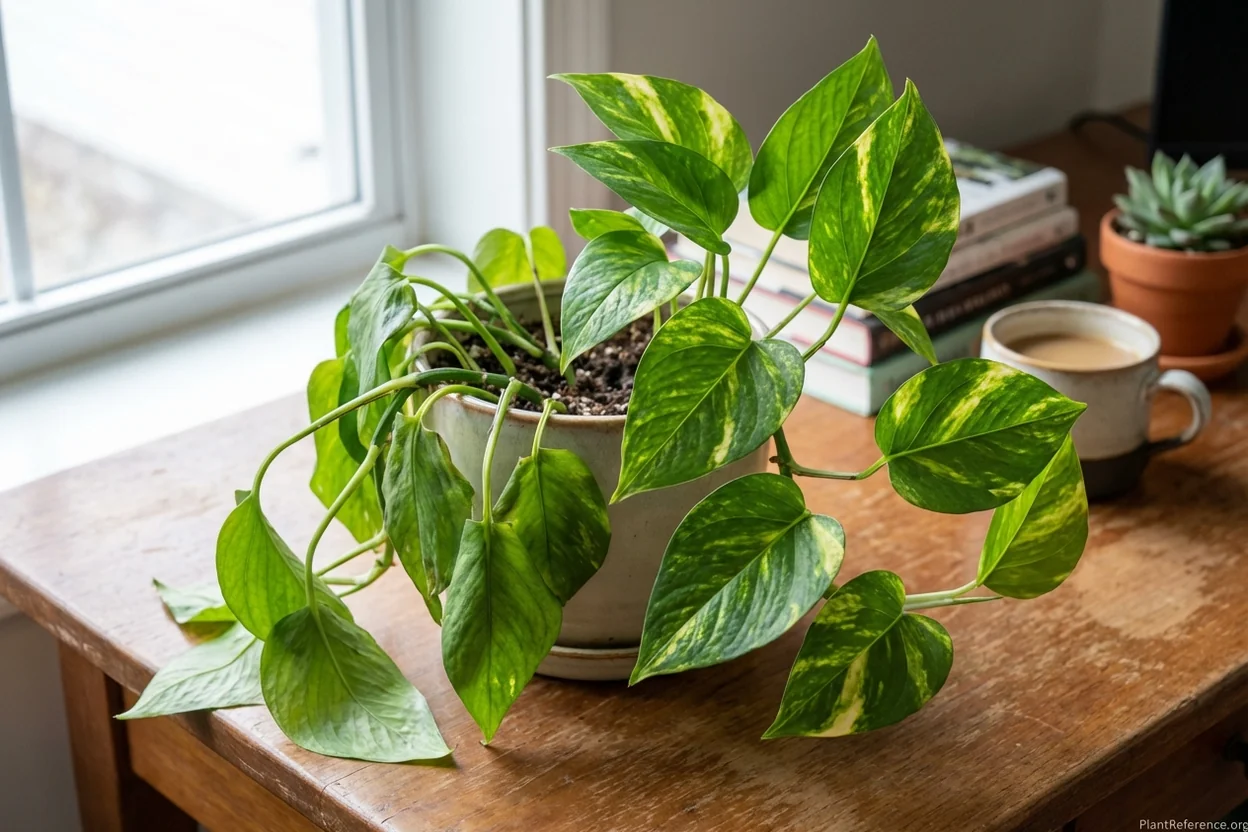 Comparison of droopy underwatered pothos leaves versus healthy upright leaves