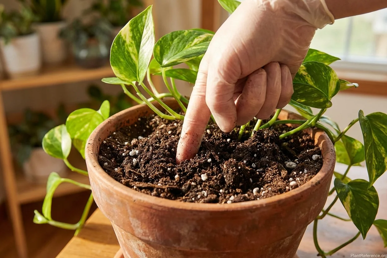 Hand performing finger test in pothos soil to check moisture level