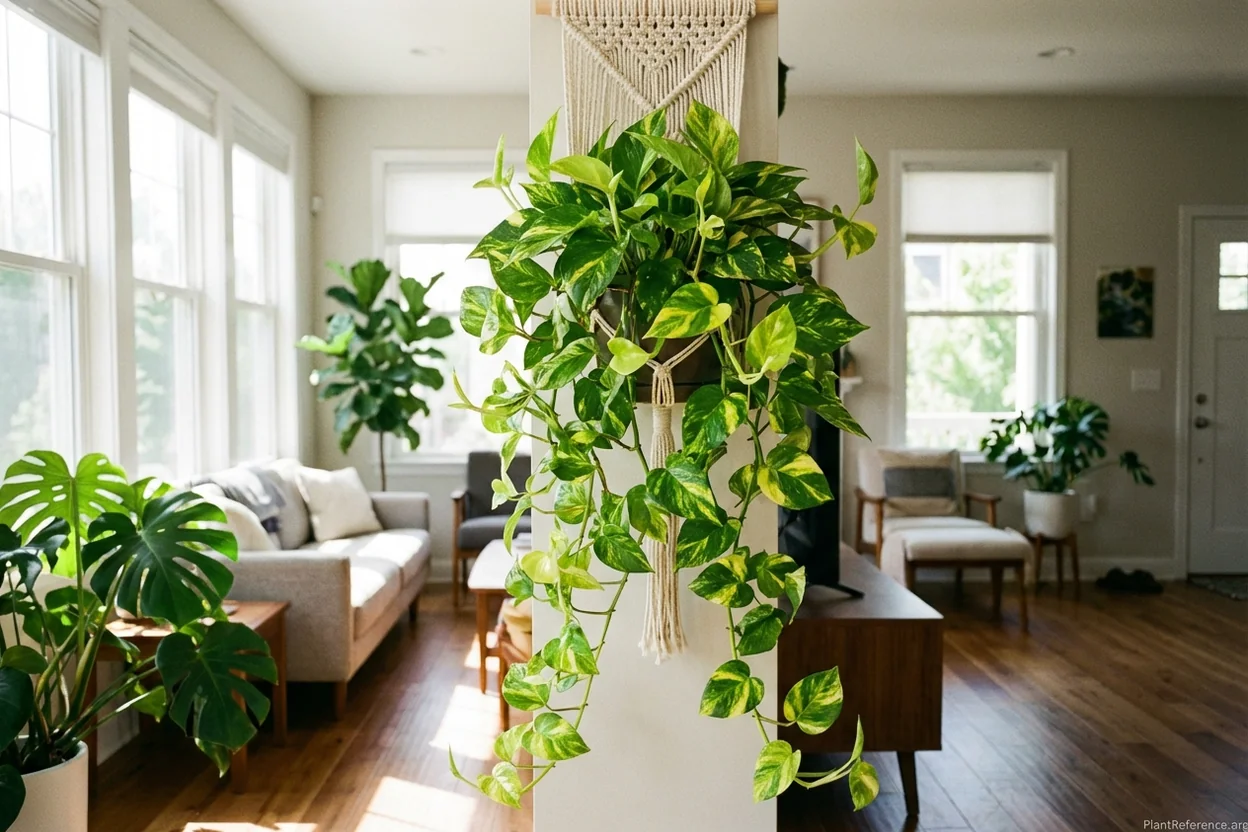 Golden pothos showing active new growth and healthy vines during summer