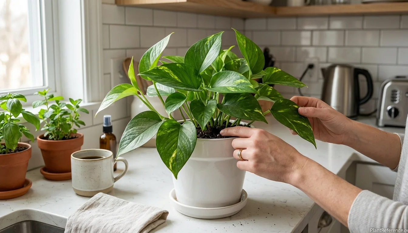 Person checking pothos soil moisture with finger test for proper watering timing