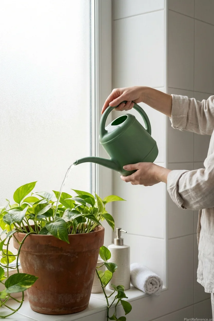 Person watering pothos with filtered water from green watering can
