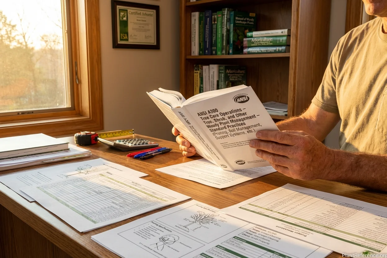 Professional reviewing ANSI A300 tree care standards document while developing comprehensive tree care plan specifications