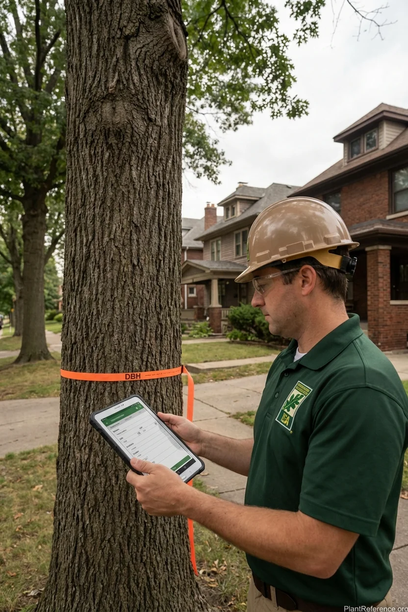 ISA certified arborist conducting professional tree inventory using digital tablet and DBH measuring tape on municipal street tree