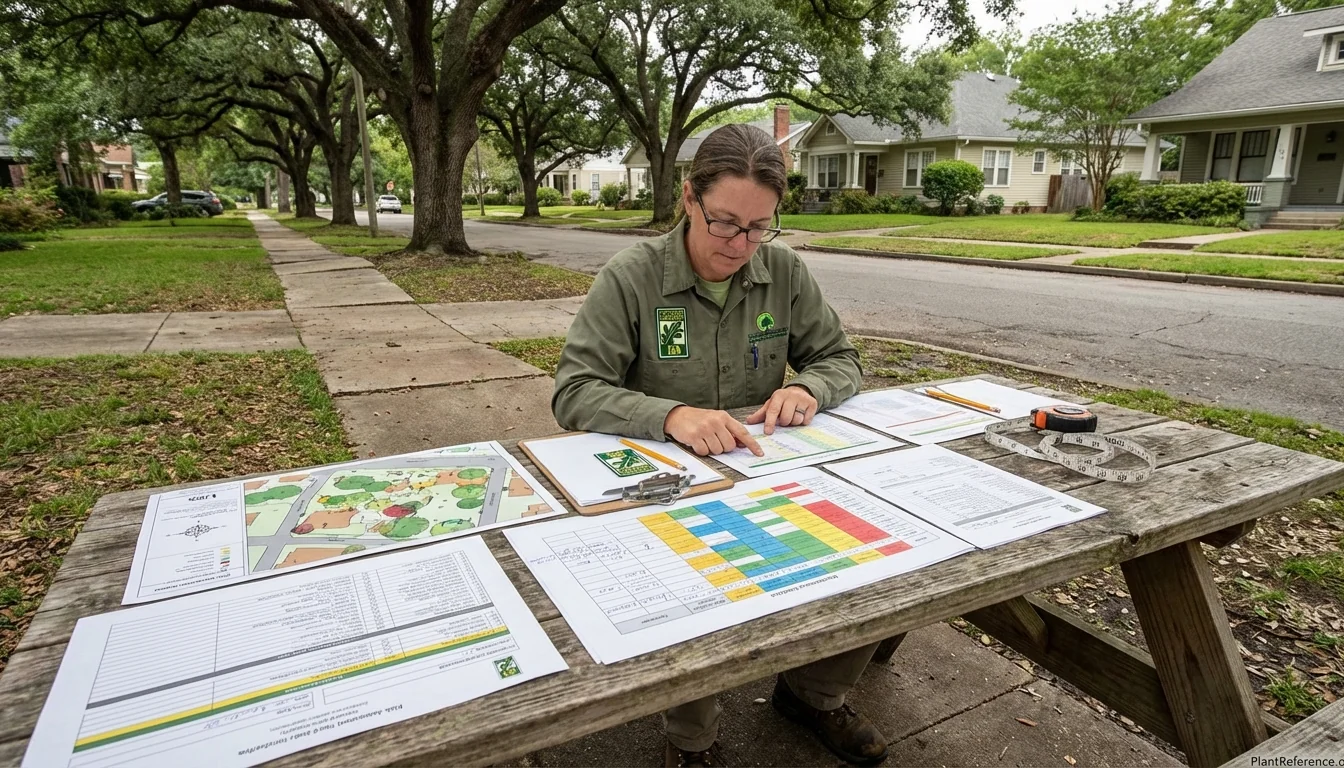 Professional arborist writing comprehensive tree care plan with clipboard and municipal street trees in background showing proper urban forestry management