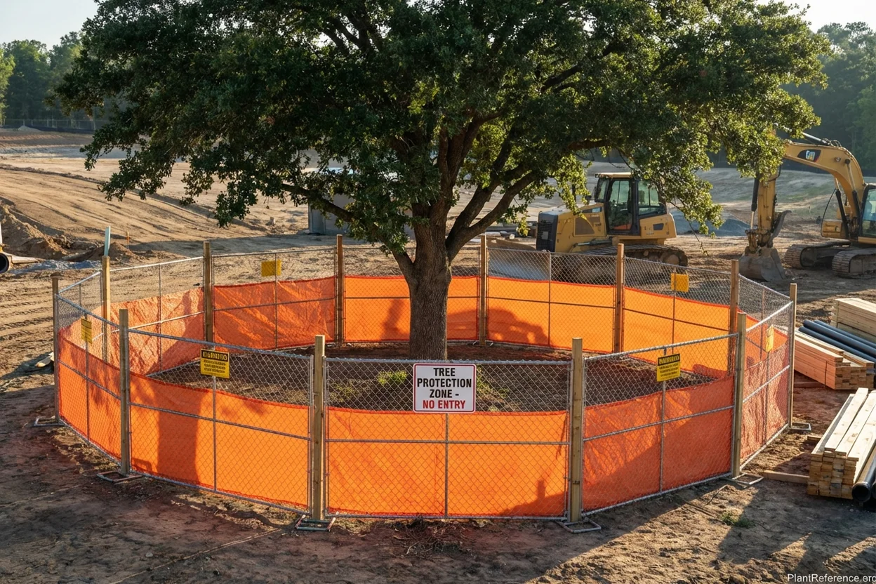 Professional tree protection zone fencing around construction site showing proper TPZ boundary establishment and signage