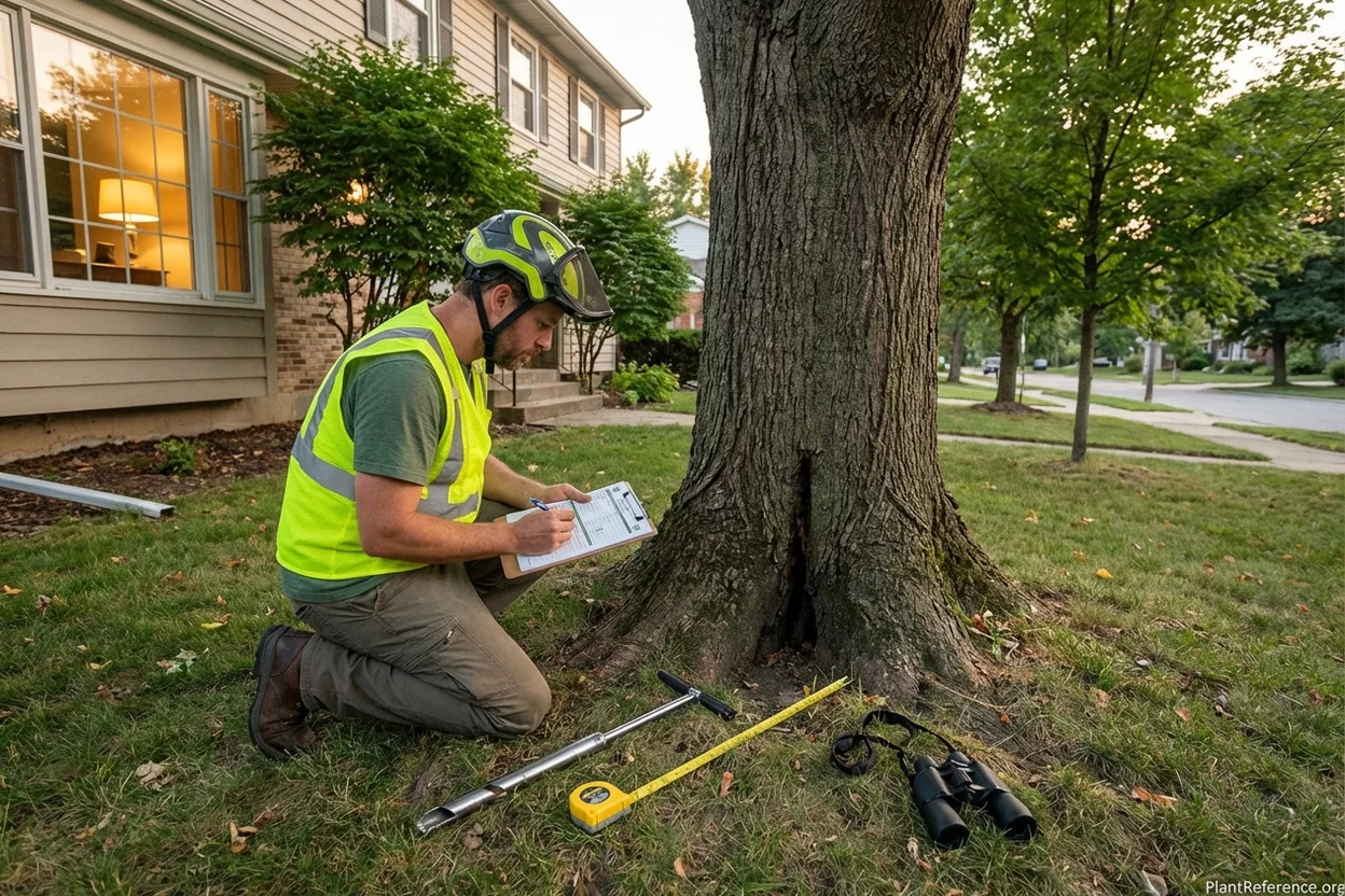 ISA TRAQ qualified arborist performing professional tree risk assessment using standardized forms and measuring equipment