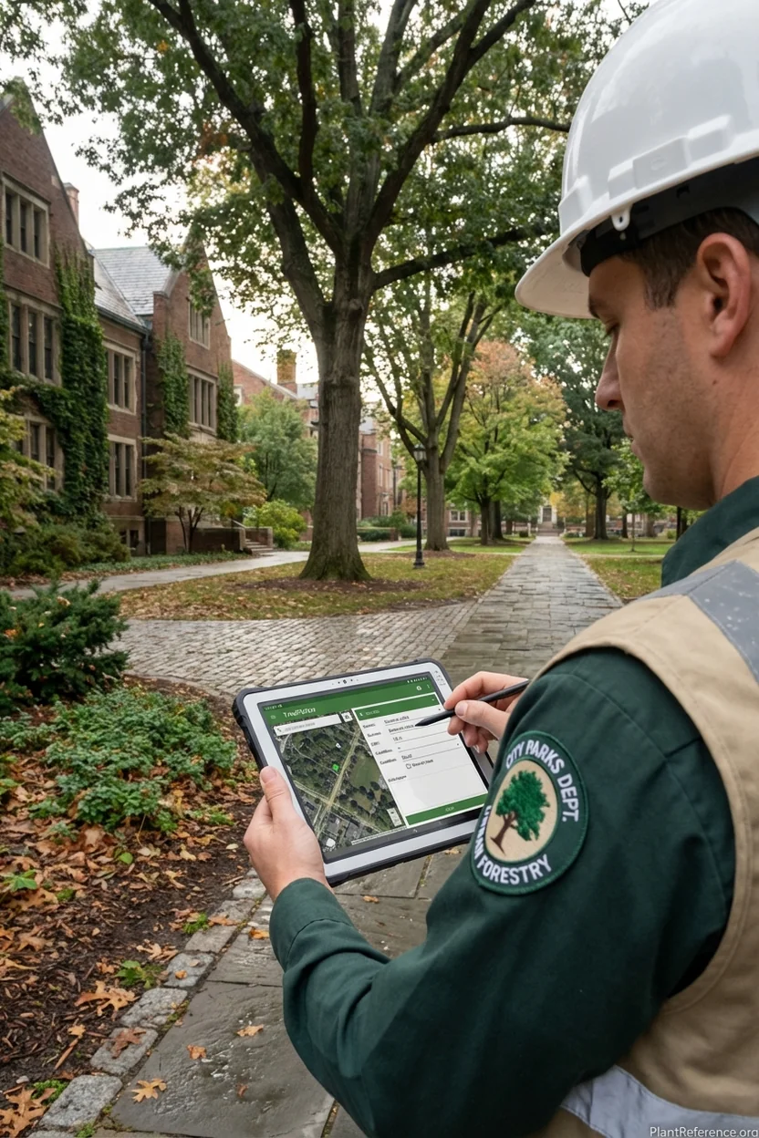 Municipal urban forester using TreePlotter INVENTORY software on tablet for professional tree data collection and GPS mapping