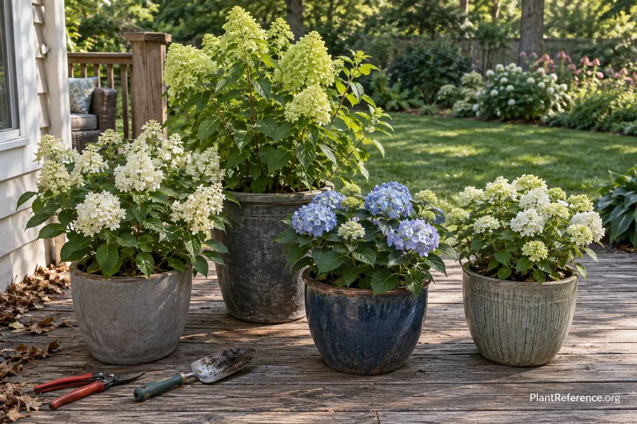 Compact hydrangea cultivars for containers grouped on a deck including Bobo, Little Lime and a blue bigleaf