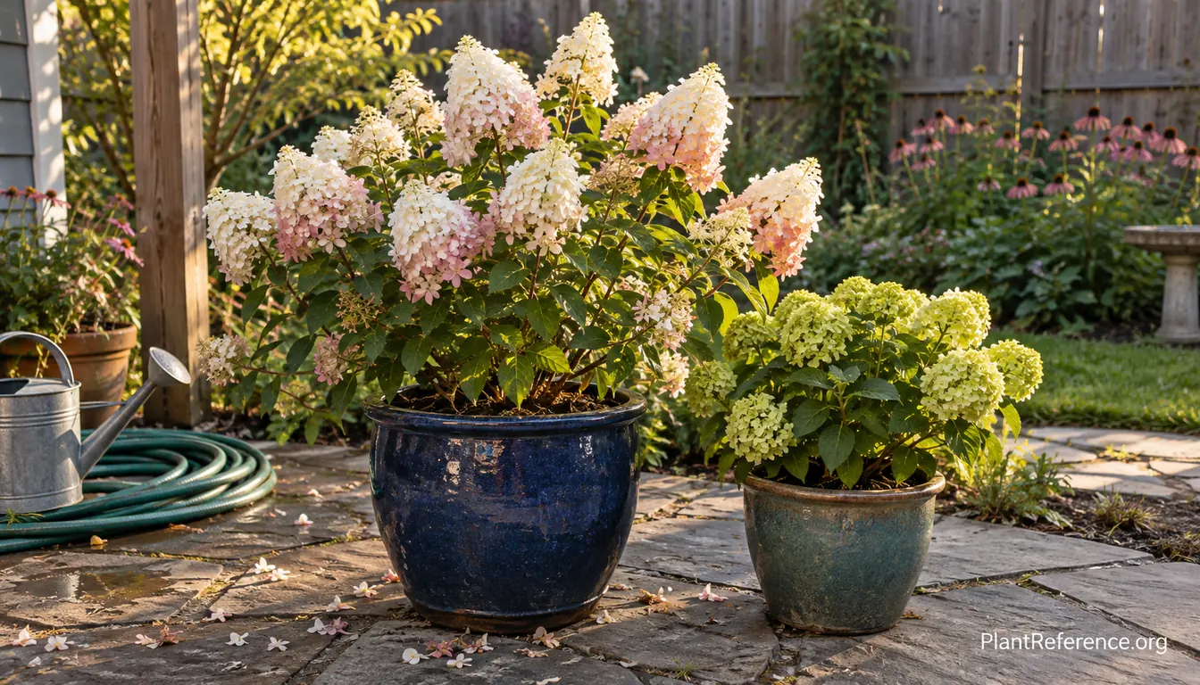 Hydrangea in pots on a patio showing a compact panicle hydrangea blooming in a large glazed container