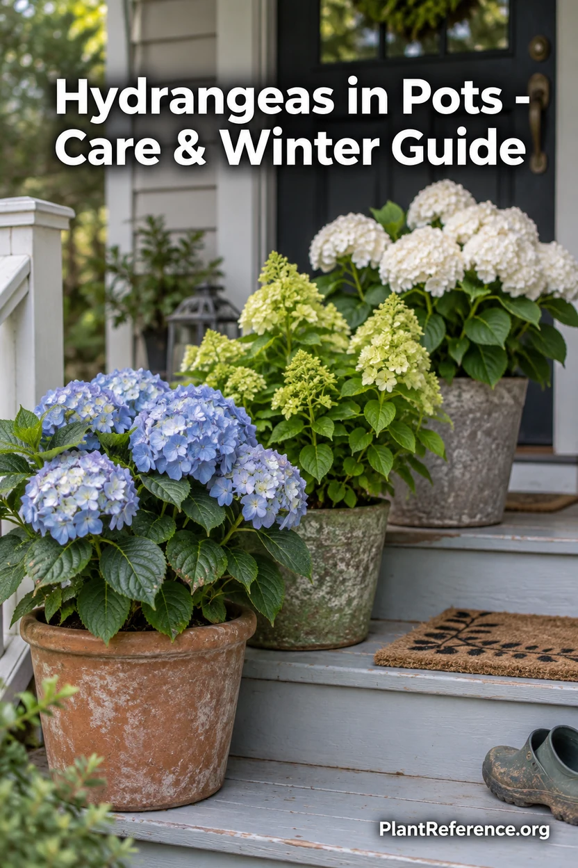 Hydrangea in pots lined up on porch steps with blue, white and lime flowers for container hydrangea care