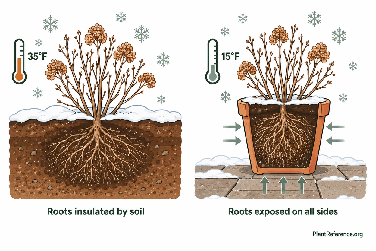 Diagram comparing winter root temperatures for hydrangea in pots versus hydrangea planted in the ground