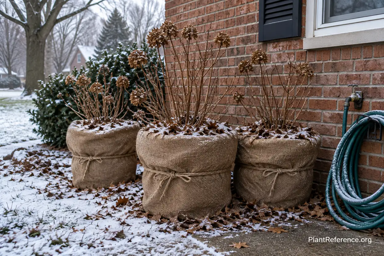 Overwintering hydrangea in pots wrapped in burlap and grouped against a sheltered house wall