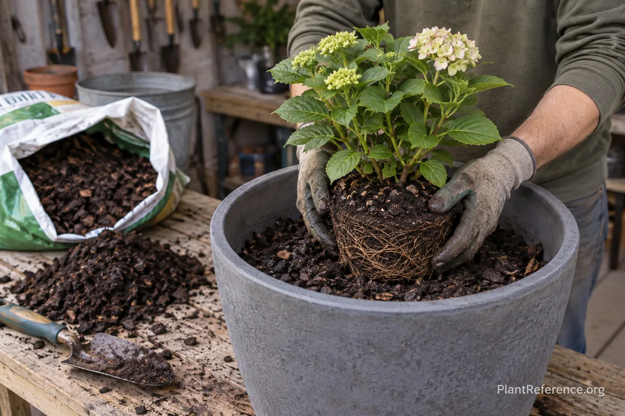 Planting a hydrangea in a pot with bark-based potting mix and loosened root ball