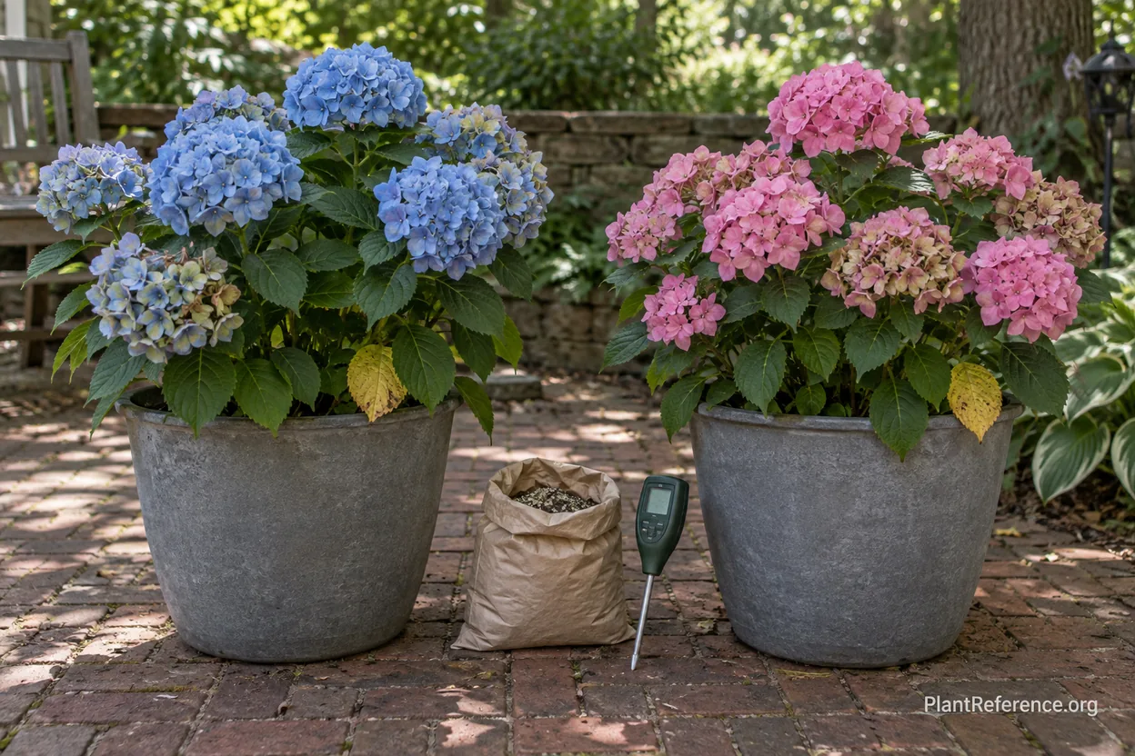 Blue and pink potted bigleaf hydrangeas side by side showing soil pH effect on hydrangea in pots