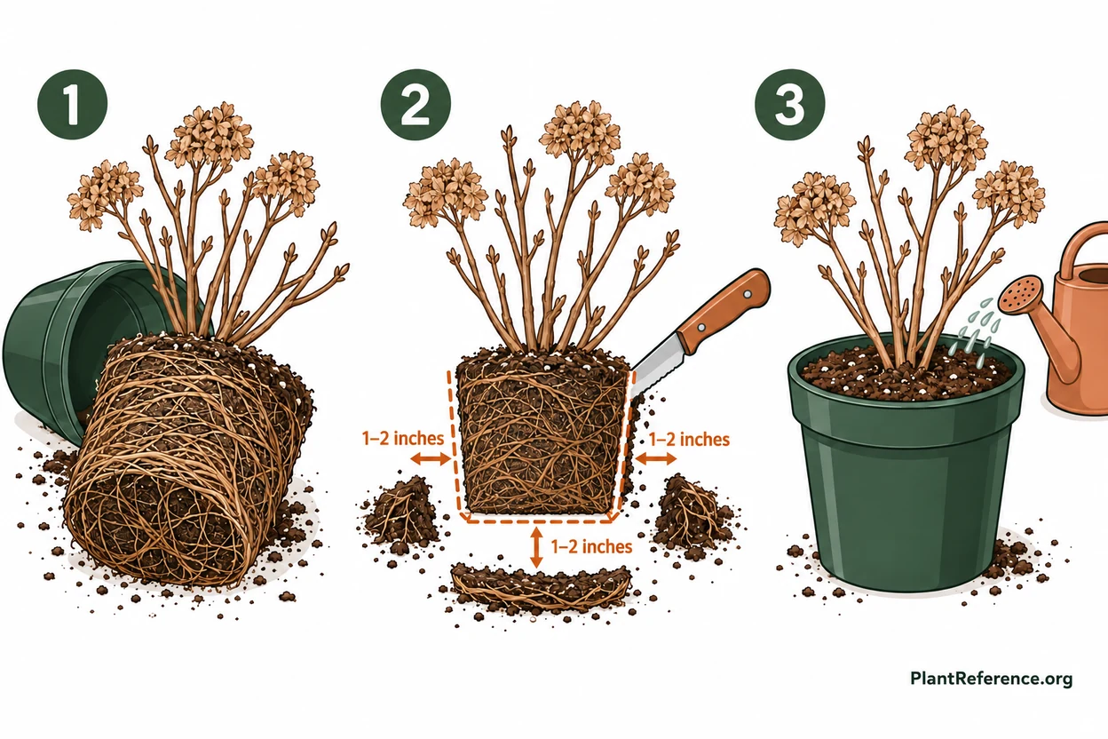 Step-by-step root pruning of a pot-bound hydrangea in a container before repotting