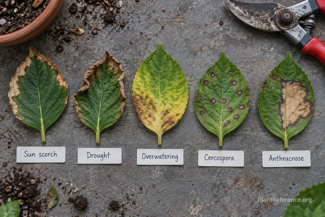 Hydrangea brown leaf patterns compared for visual diagnosis