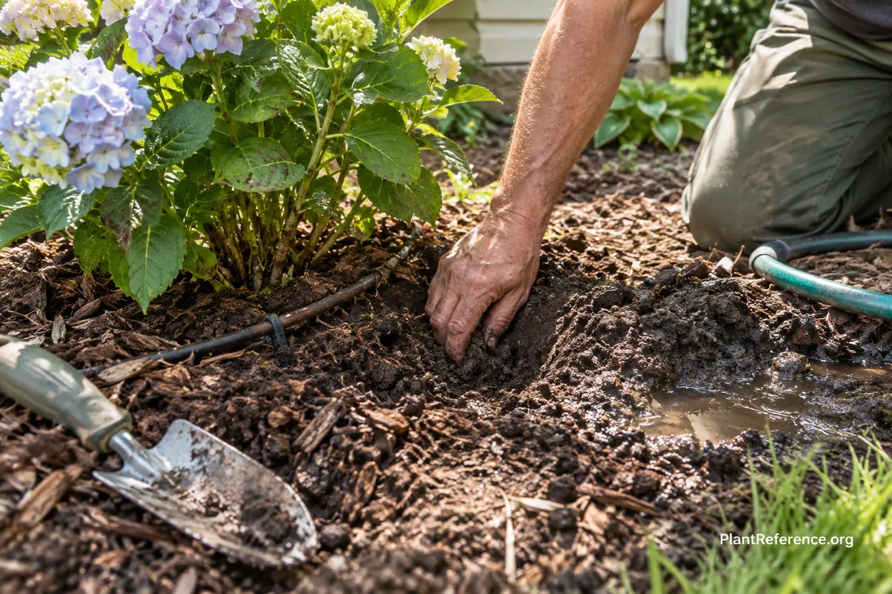 Checking soil moisture to distinguish underwatered and overwatered hydrangea leaves