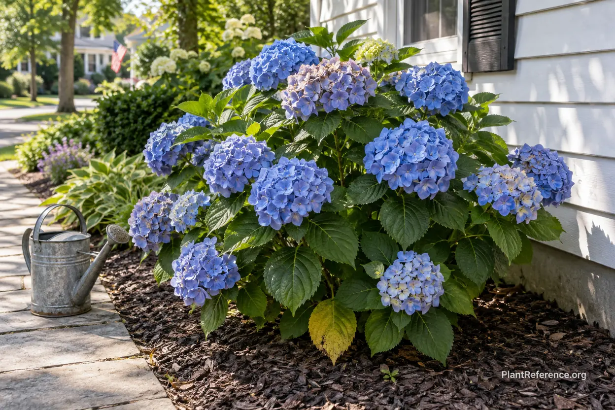 Bigleaf hydrangea blooming heavily with blue mophead flowers after fixing hydrangea not blooming problems