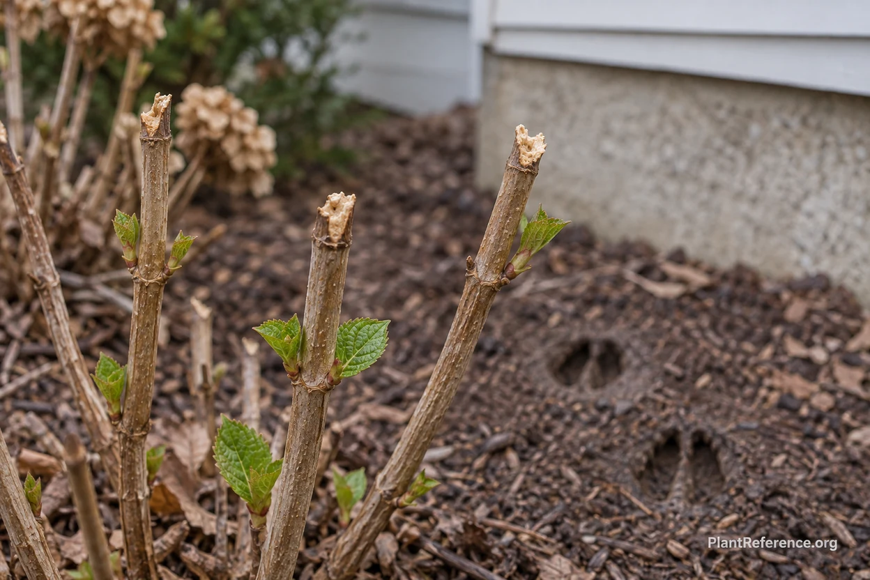 Deer browse damage on hydrangea stem tips that removed flower buds, causing hydrangea not blooming