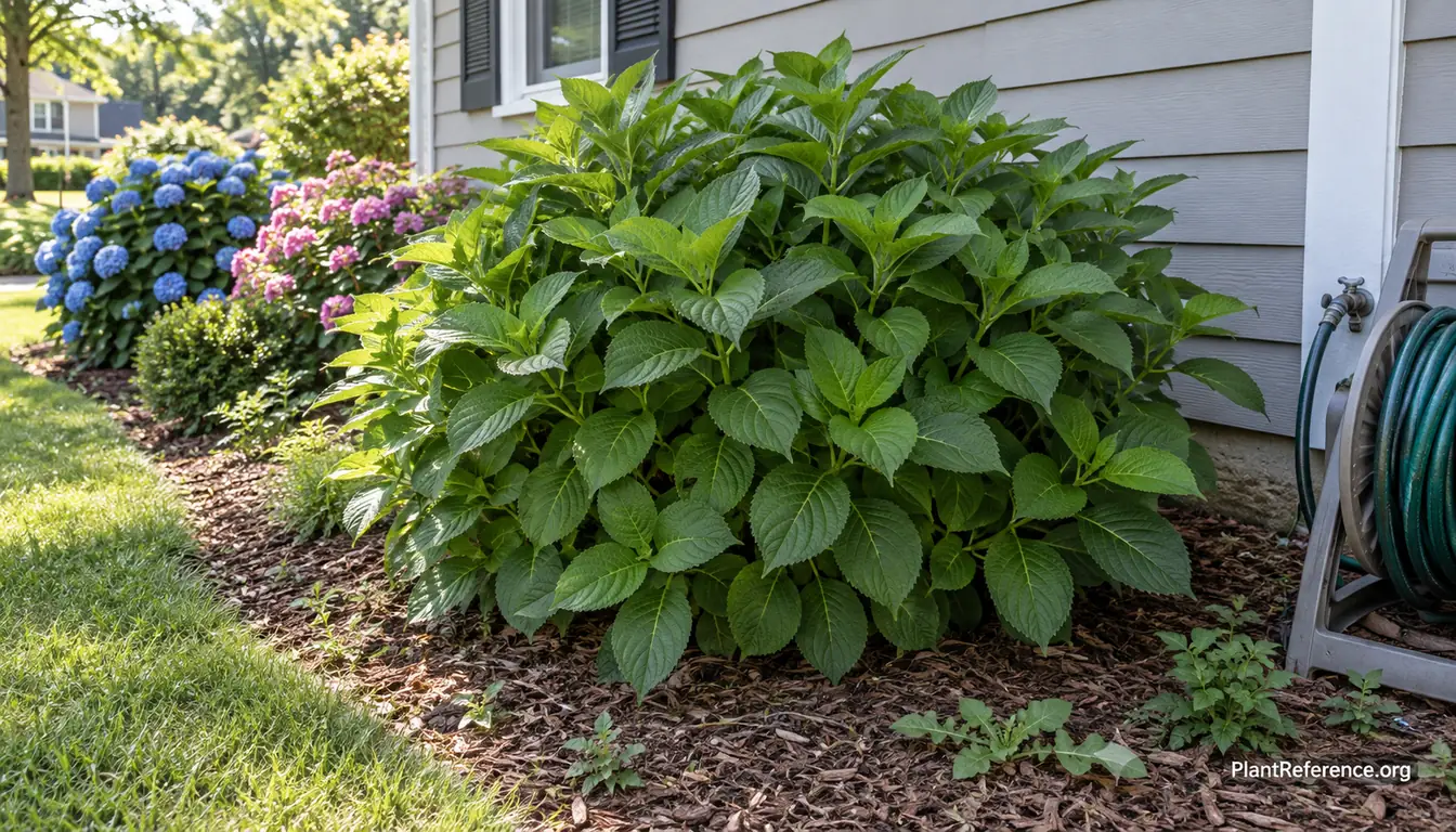 Hydrangea not blooming, showing a leafy bigleaf hydrangea shrub with no flowers beside a house