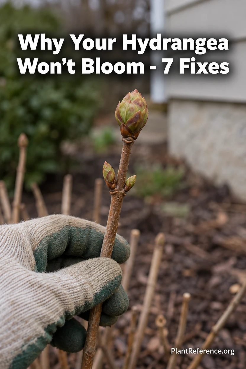 Hydrangea not blooming guide showing a flower bud at the tip of an old hydrangea stem