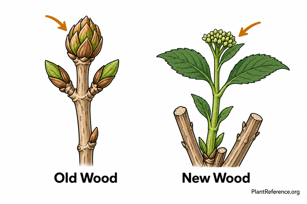 Old wood versus new wood hydrangea stems showing where flower buds form on a hydrangea not blooming