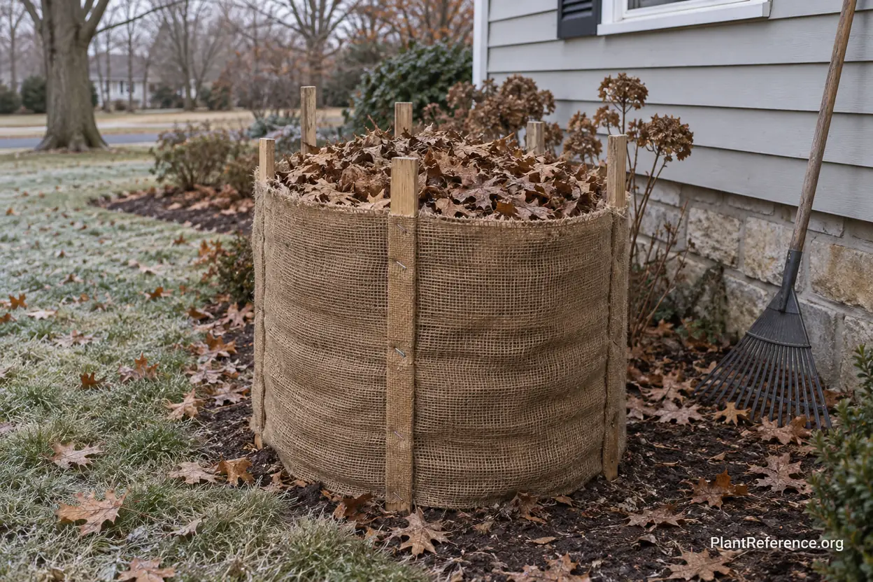Burlap cage filled with shredded leaves protecting hydrangea flower buds from winter bud kill