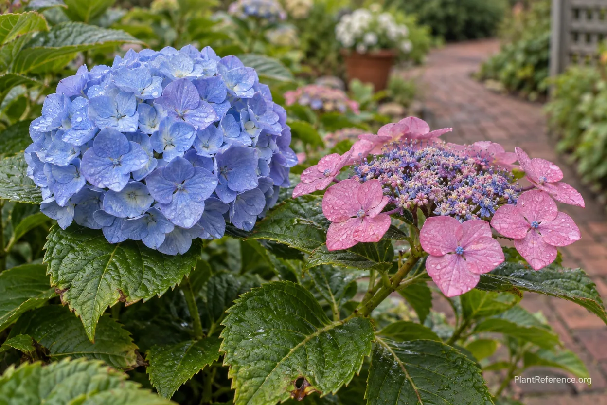 Blue mophead and pink lacecap bigleaf hydrangea flowers showing the two flower forms of Hydrangea macrophylla
