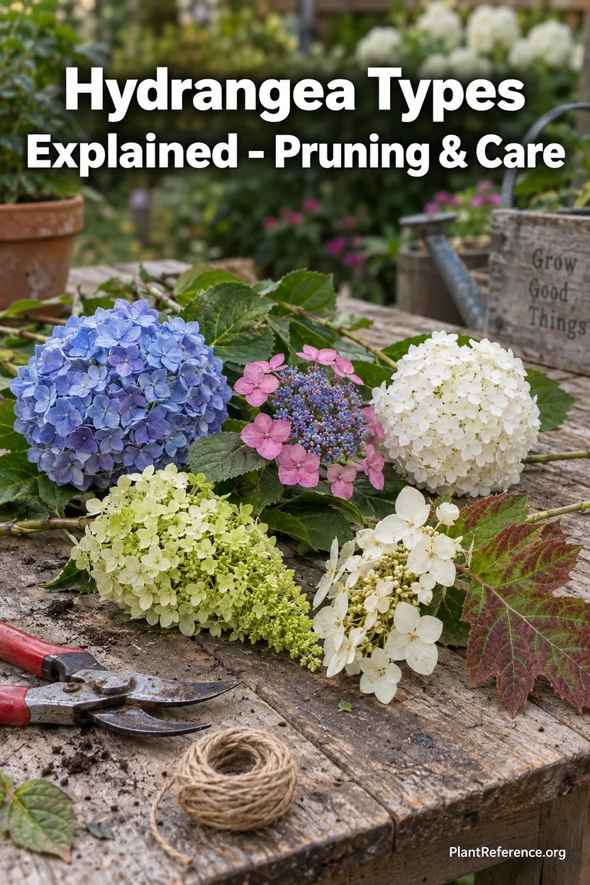 Cut flowers from six hydrangea types including blue mophead, white smooth, lime panicle, and oakleaf blooms