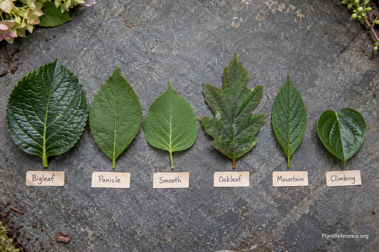 Leaves from six hydrangea types laid side by side to show identification differences in shape and texture