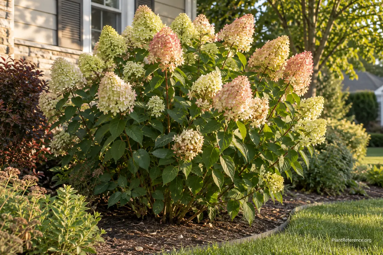 Limelight panicle hydrangea with cone-shaped flower heads turning from lime green to pink in late summer