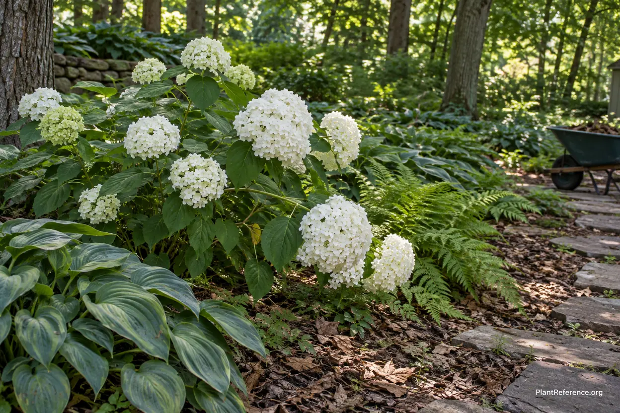 White smooth hydrangea blooming in a shade garden beside hostas and ferns in a cold-climate yard