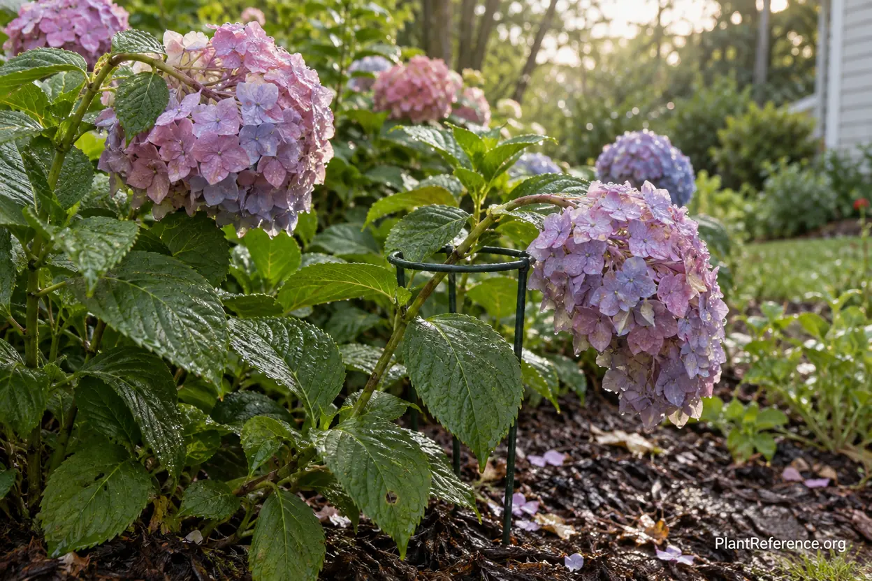 Heavy hydrangea blooms bending stems without true leaf wilt