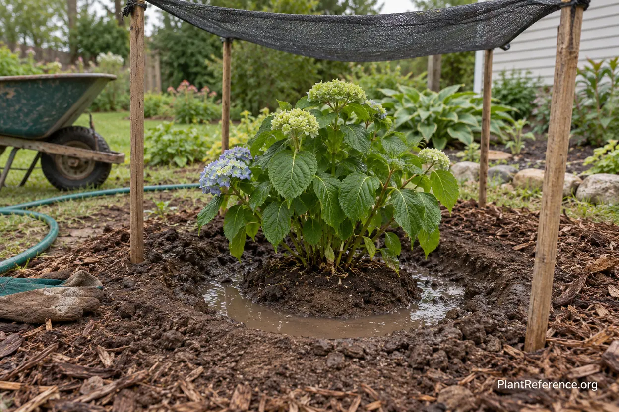 Wilting hydrangea recovering from transplant shock under temporary shade