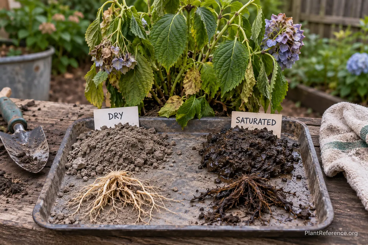 Dry versus waterlogged soil beneath a wilting hydrangea