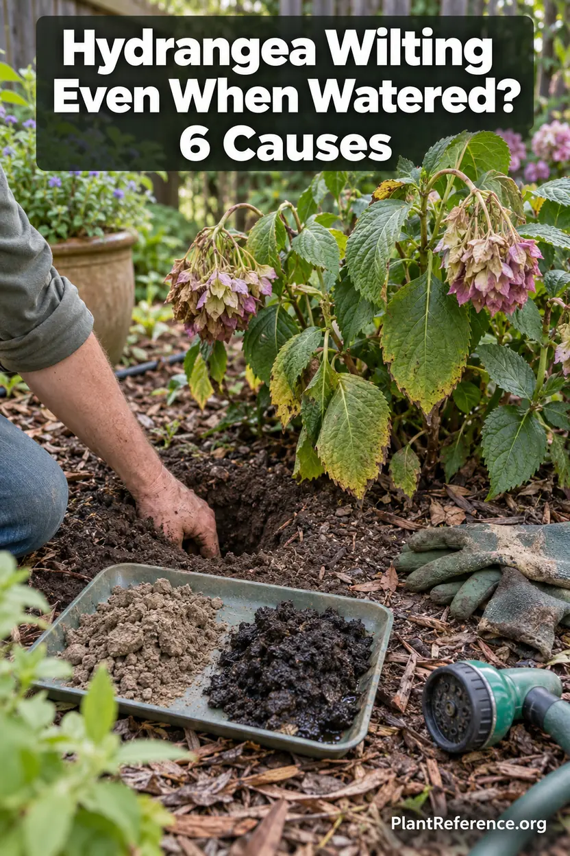Hydrangea wilting causes and moisture diagnostic for drooping leaves