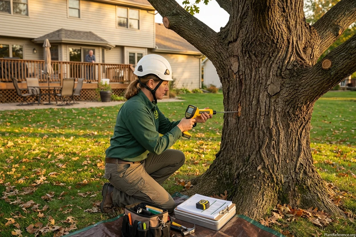 ISA Certified Arborist performing professional tree risk assessment with resistograph equipment
