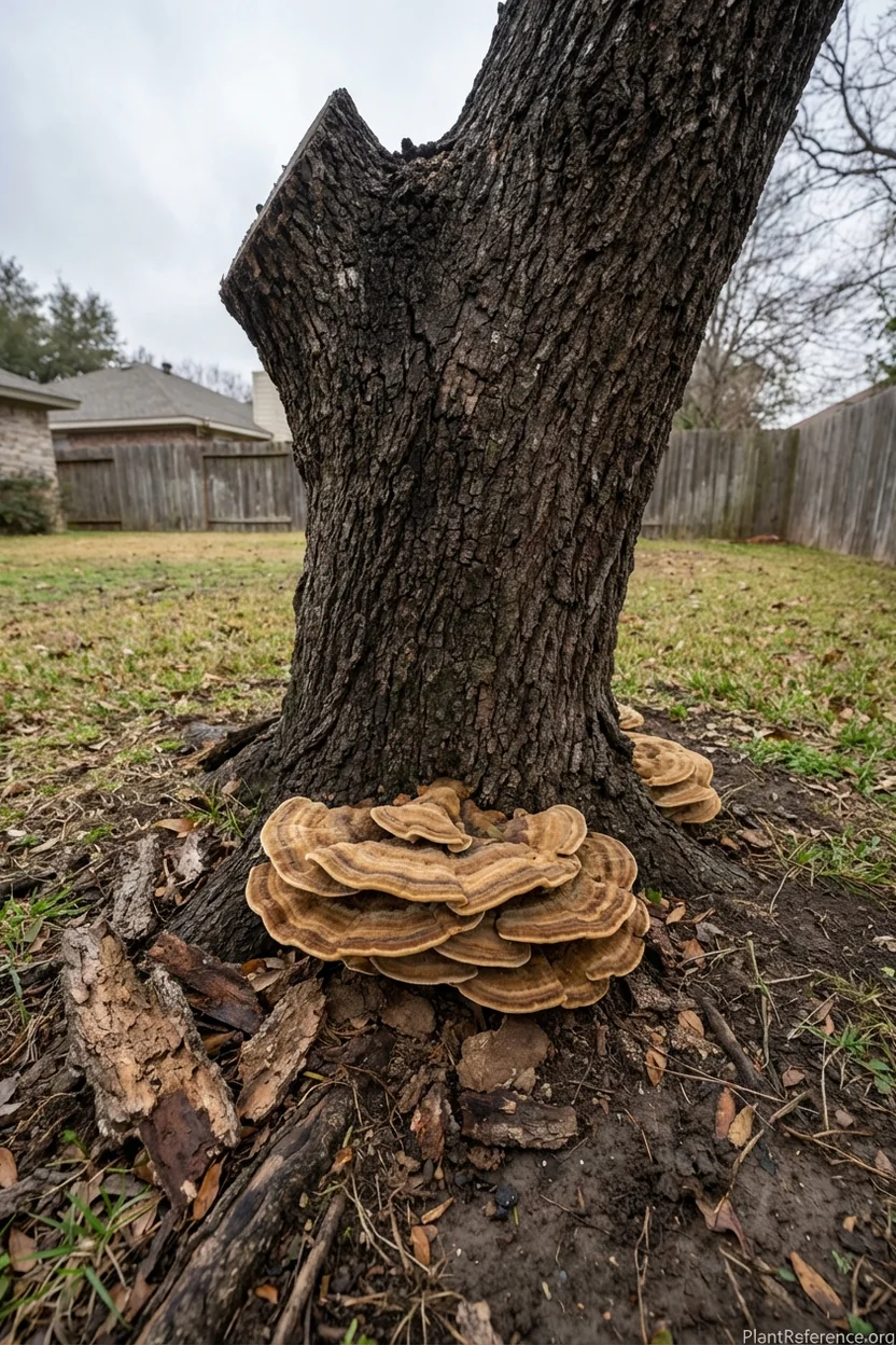 Bracket fungi at oak tree base showing internal decay and structural weakness