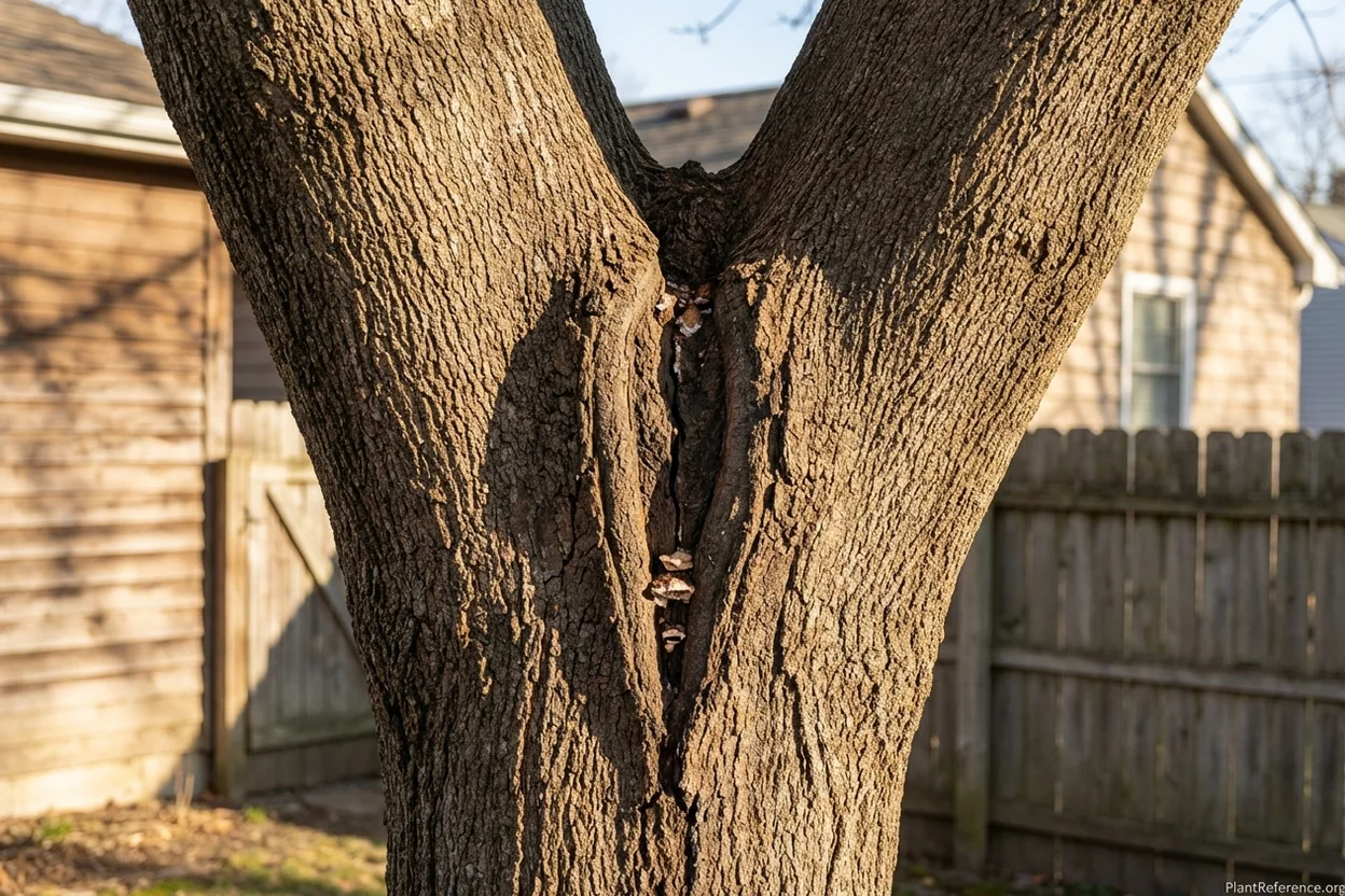 Co-dominant stems with included bark showing dangerous weak attachment point on maple tree